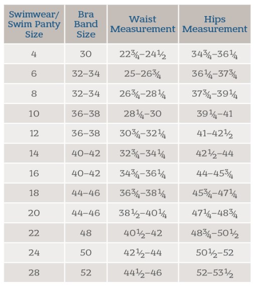 Jodee Swimwear Size Chart, Fitting Chart