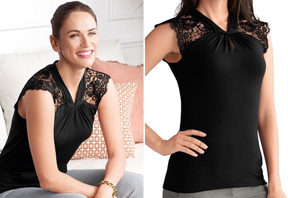 Amoena mastectomy v neck black top with lace with buid in bra